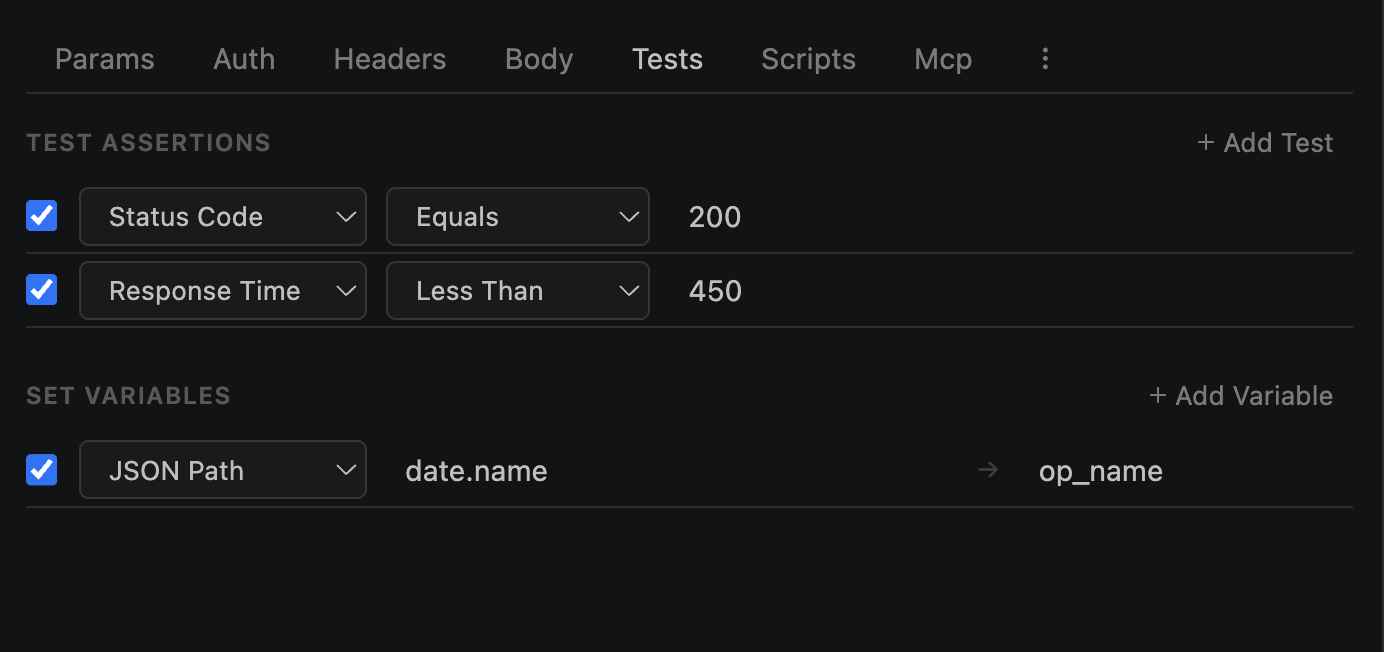 Tests tab with 2 assertion rules and a set variable